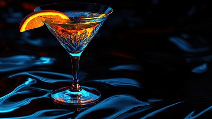 A dark, elegant martini glass filled with a rich, dark beverage, highlighted by a twist of orange peel perched on the rim.