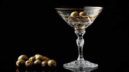 A close-up of a martini glass filled with clear liquid, featuring two green olives with pimentos floating inside.
