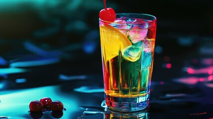 A tall glass filled with a vibrant pink beverage, ice cubes are floating in the drink.