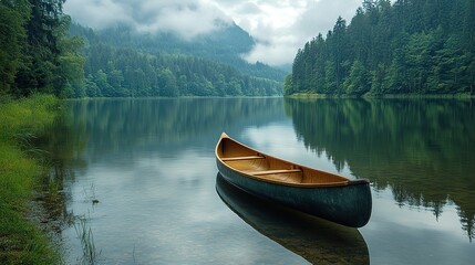 A tranquil lake reflects the surrounding forest like a mirror, its still surface broken only by the gentle ripples of a passing canoe, creating a scene of serene beauty and peaceful solitude