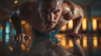 Intense hiit workout man performing burpees in gym fitness training for hardcore cardio exercise reflection