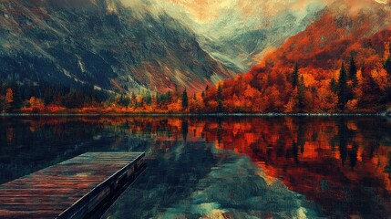 A serene landscape featuring a calm lake surrounded by majestic mountains.