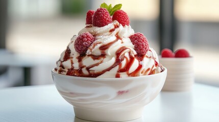 A tall glass filled with creamy vanilla ice cream topped with a rich, dark berry sauce and fresh blackberries.
