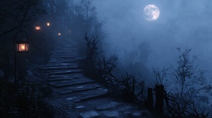 Misty mountain path under moonlight