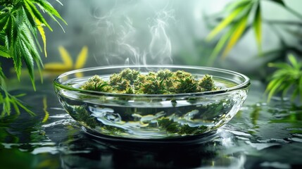 A clear glass bowl filled with large, densely packed cannabis buds featuring a mix of green and orange hues, sitting against a white background.