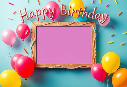Happy birthday card design with photo frame and colorful balloons, party, cheerful