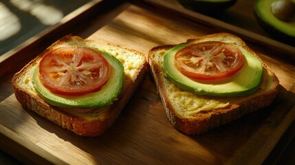 Two slices of toasted bread topped with slices of avocado and halved cherry tomatoes, garnished with small green shoots, presented on a wooden platter.