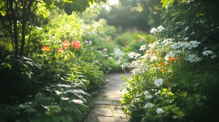 Fototapeta premium Garden of Cascading Flowers and Vines in a Botanical Setting with Lush Green Pathway and Sunlight
