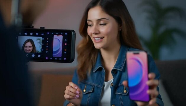 Vertical Tech specialist filming technology review of newly launched smartphone, presenting features to subscribers. Influencer advertising mobile phone to fans from home studio, camera A