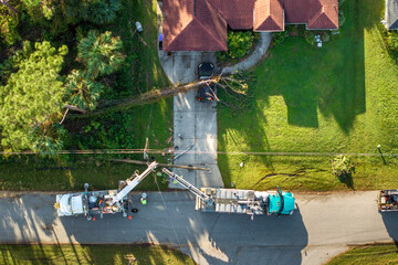 Utility services fixing damaged power lines after hurricane in Florida. Workers using bucket trucks...