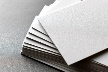 Close-up photo of blank white business cards on a silver background, a mockup template.