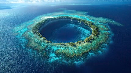 A vibrant coral atoll surrounding a turquoise lagoon, a ring of life in the vast ocean, teeming with marine biodiversity