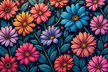 Intricate line art blossoms, geometric arrangement, continuous backdrop , wallpaper, pattern