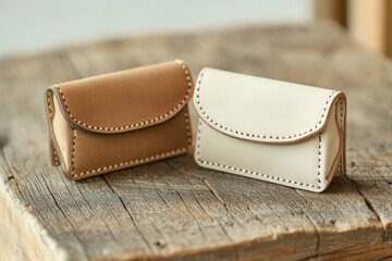 Two handcrafted leather card holders in tan and off-white, showcasing meticulous stitching