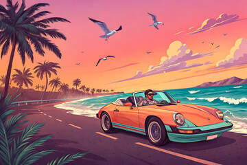 Man Driving Vintage Convertible Along Tropical Coastline at Sunset

