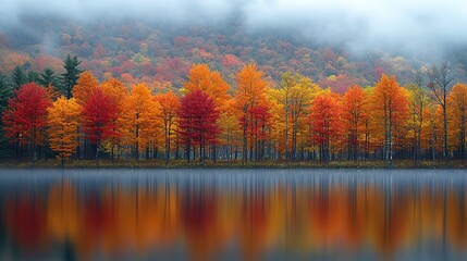 Obraz premium A vibrant display of autumn foliage, with trees in various shades of red, orange, and yellow reflected in the still waters of a lake, capturing the beauty of the changing seasons