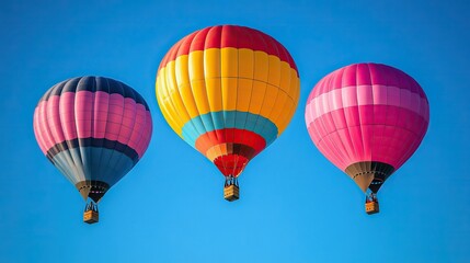 Naklejka premium A vibrant display of colorful hot air balloons floating gently in a clear blue sky, creating a cheerful and festive scene