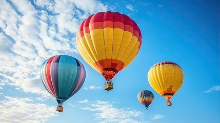 Obraz premium A vibrant display of colorful hot air balloons floating gently in a clear blue sky, creating a cheerful and festive scene
