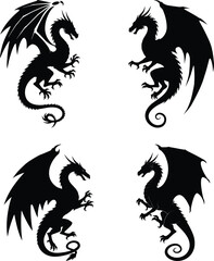Fototapeta premium Winged Dragon Silhouette in Profile. Dragon Silhouette Isolated