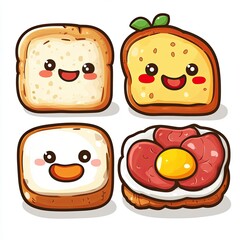 breakfast themed icons comes to life with smiling bread, sunny side up eggs, sizzling bacon, steaming coffee on whitet background.