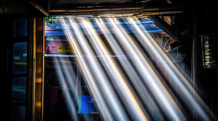 Sunlight streams through a dark interior space.