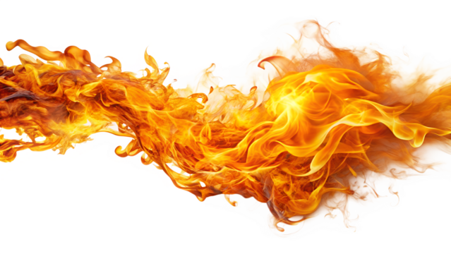 A fiery red heart ablaze with orange flames burns intensely against a stark transparent background, radiating heat and light