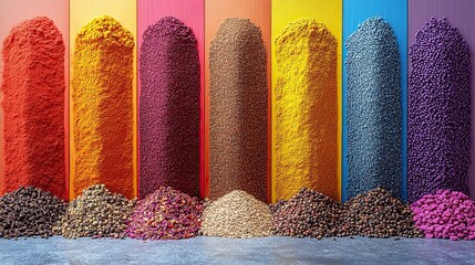 A vibrant display of spices in colorful piles, showcasing the variety and richness of flavors and aromas in culinary arts