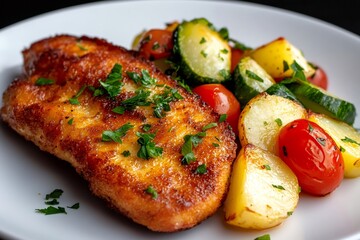 Breaded chicken breast with roasted potatoes, zucchini and cherry tomatoes garnished with parsley