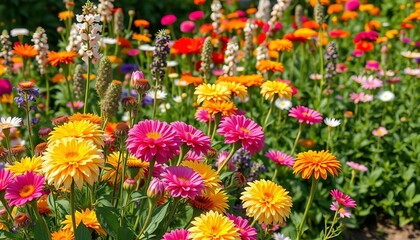 Obraz premium Early summer garden bursting with vibrant blooms, ample copy space, macro, outdoor
