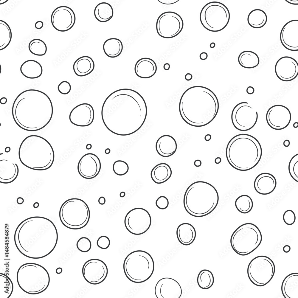 Poster seamless hand drawn water soap bubbles pattern with varying size circles on white background minimal