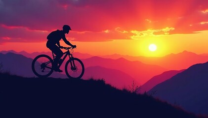 Fototapeta premium Silhouette of a mountain bike against a vibrant sunset, overlooking a mountain range , sky, outdoors, terrain