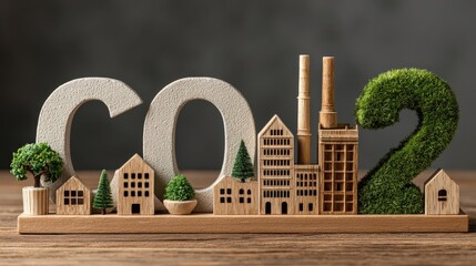CO2 emissions in urban landscape: A conceptual depiction of CO2 emissions, featuring a cityscape and lush greenery, symbolizing the impact of emissions on urban environments.