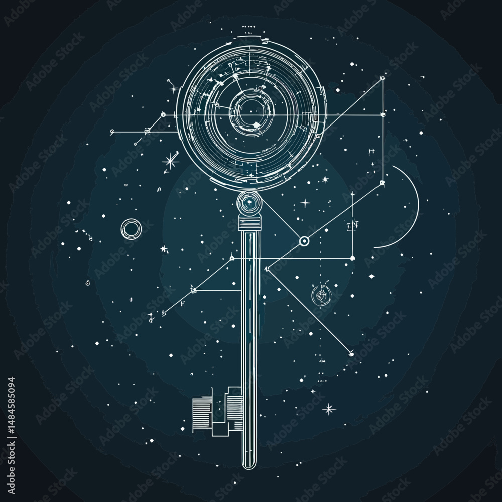 Poster futuristic abstract key blueprint with circular mechanical elements and geometric star map design on
