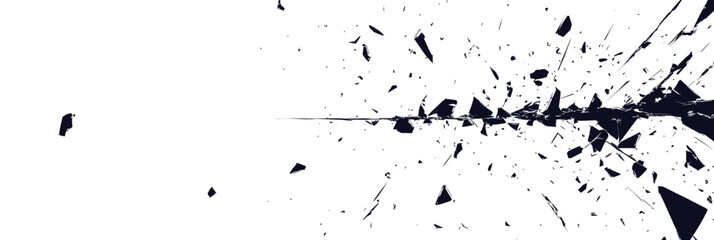 Black shattered glass explosion with scattered fragments and splinters on white background in minimalist flat vector style, broken fragments spread outward and sharp edges