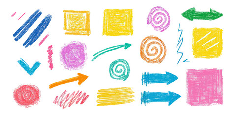 Colorful crayon style hand drawn scribble shapes arrows spirals squares and abstract sketches in pastel pencil texture vector illustration set for design elements and decoration