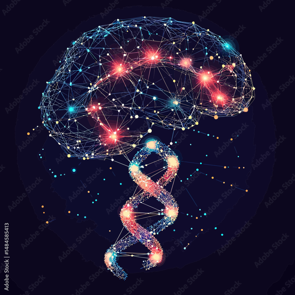 Poster digital wireframe brain with glowing neuron connections above illuminated 3d dna double helix molecu