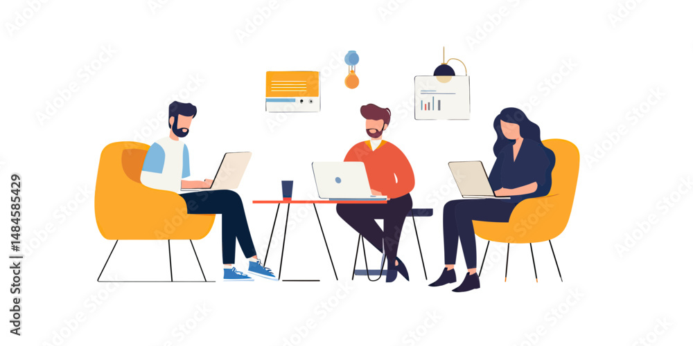 Aufkleber three diverse business people working on laptops in modern office environment with charts and digita