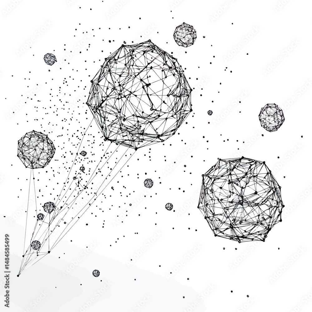 Poster abstract network spheres connected by thin lines forming geometric wireframe structures in minimalis