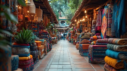 Fototapeta premium A vibrant marketplace bustling with activity, filled with colorful textiles, exotic spices, and handcrafted goods The air is alive with the sounds of bartering and laughter