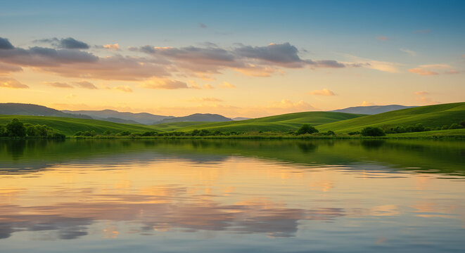 Serene lakeside landscape featuring green hills and reflecting sunset colors website background