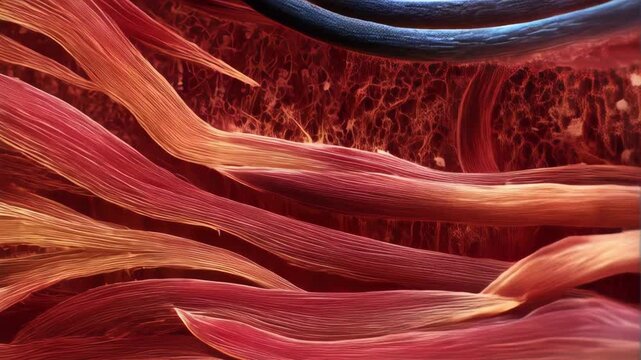 Anatomical cross section shows human muscle tissue, with fiber structures visible under microscopic magnification; anatomical, health, biology, body composition.