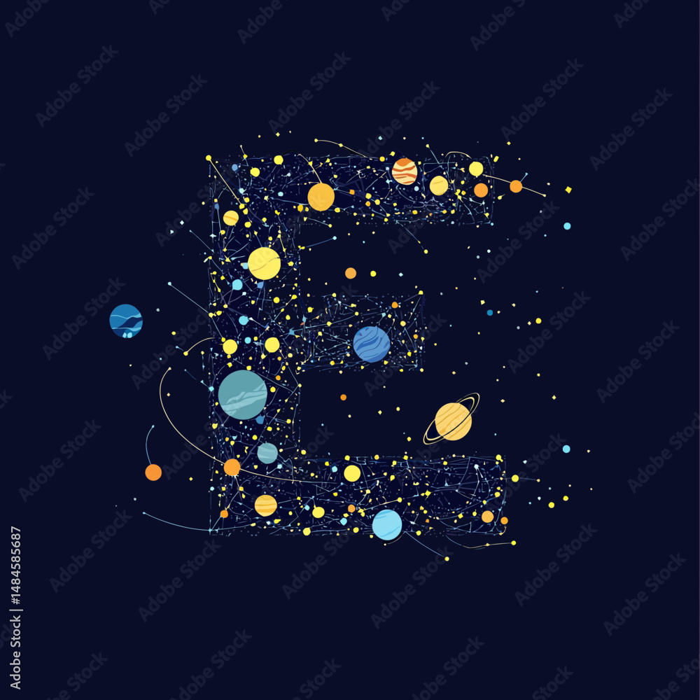 Poster letter e formed by connected planets and stars in space with constellation lines and cosmic elements
