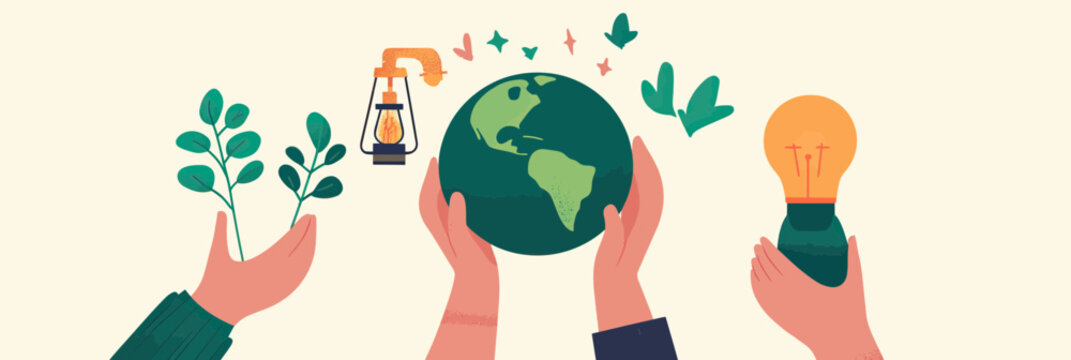 Hands holding young plant, planet earth globe, energy saving light bulb, and vintage lantern representing sustainability conservation and eco friendly energy solutions vector illustration