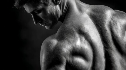 Intense workout of settinee muscle definition study in black and white photography at the gym capturing fitness and hardcore training environment