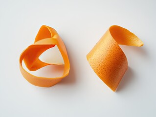 Orange zest curls, a close-up.  Two twisted pieces of citrus peel, bright orange against a white background.  Textural detail is visible on the peel