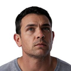 Fototapeta premium Portrait of a Thoughtful Caucasian Male: Expressive Close-Up Headshot with Neutral Background and Focused Gaze.
