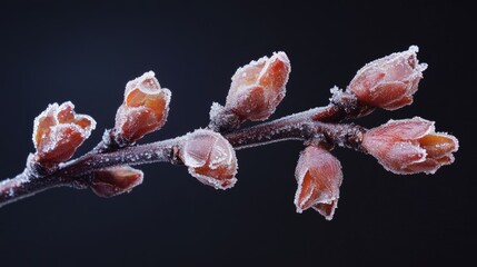 Delicate Frost-Kissed Buds on a Branch: A Winter's Tale of Nature's Beauty and Resilience