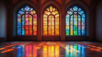 A vibrant stained-glass window with colorful panes
