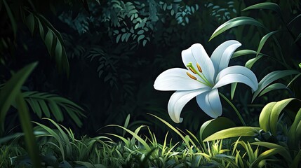 Obraz premium A cluster of white, bell-shaped flowers blooms atop a tall green stalk, surrounded by long, narrow sword-like leaves.