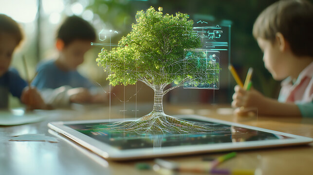 Digital tablet displaying interactive tree model captivates children as they engage in creative activities. scene reflects innovation and learning